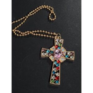Unbranded Cross Necklace Women OS Gold Multi-Color Rhinestone Statement Pendant